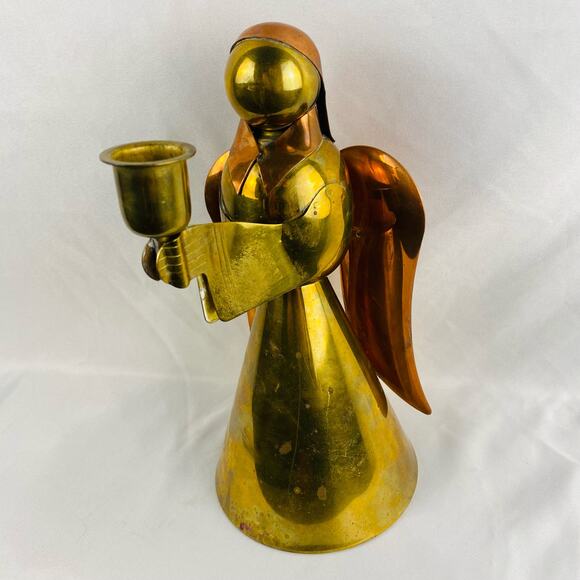 Vintage Handmade Brass & Copper Christmas Angel Taper Candlestick Holder Mexico - Picture 1 of 9
